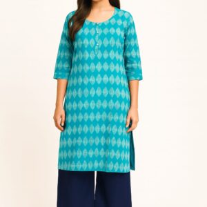Women's Teal Blue Printed Rayon Straight Kurta with 3/4 Sleeves | Comfortable Daily Wear Ethnic Top