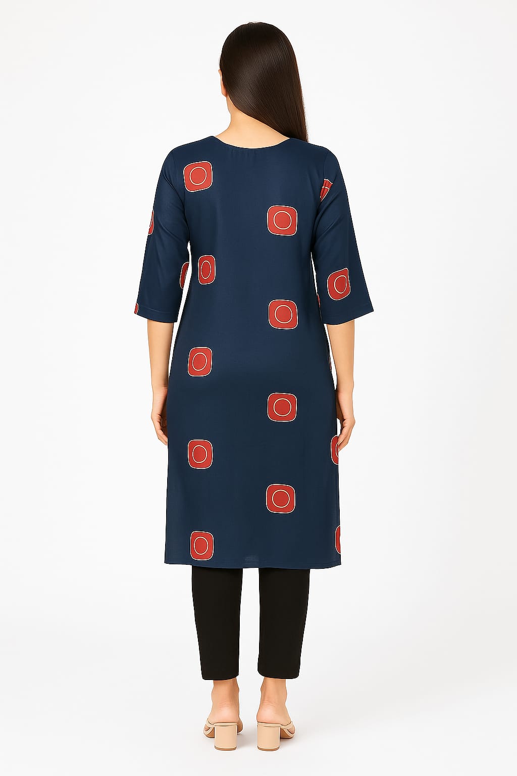 Women's Navy Blue Printed Rayon Kurta with 3/4 Sleeves | Stylish Ethnic Wear for Office & Casual Outings - Image 4
