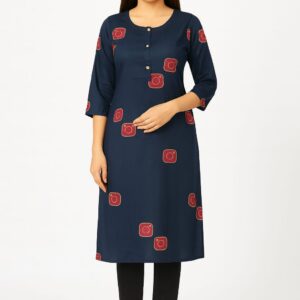 Women's Navy Blue Printed Rayon Kurta with 3/4 Sleeves | Stylish Ethnic Wear for Office & Casual Outings