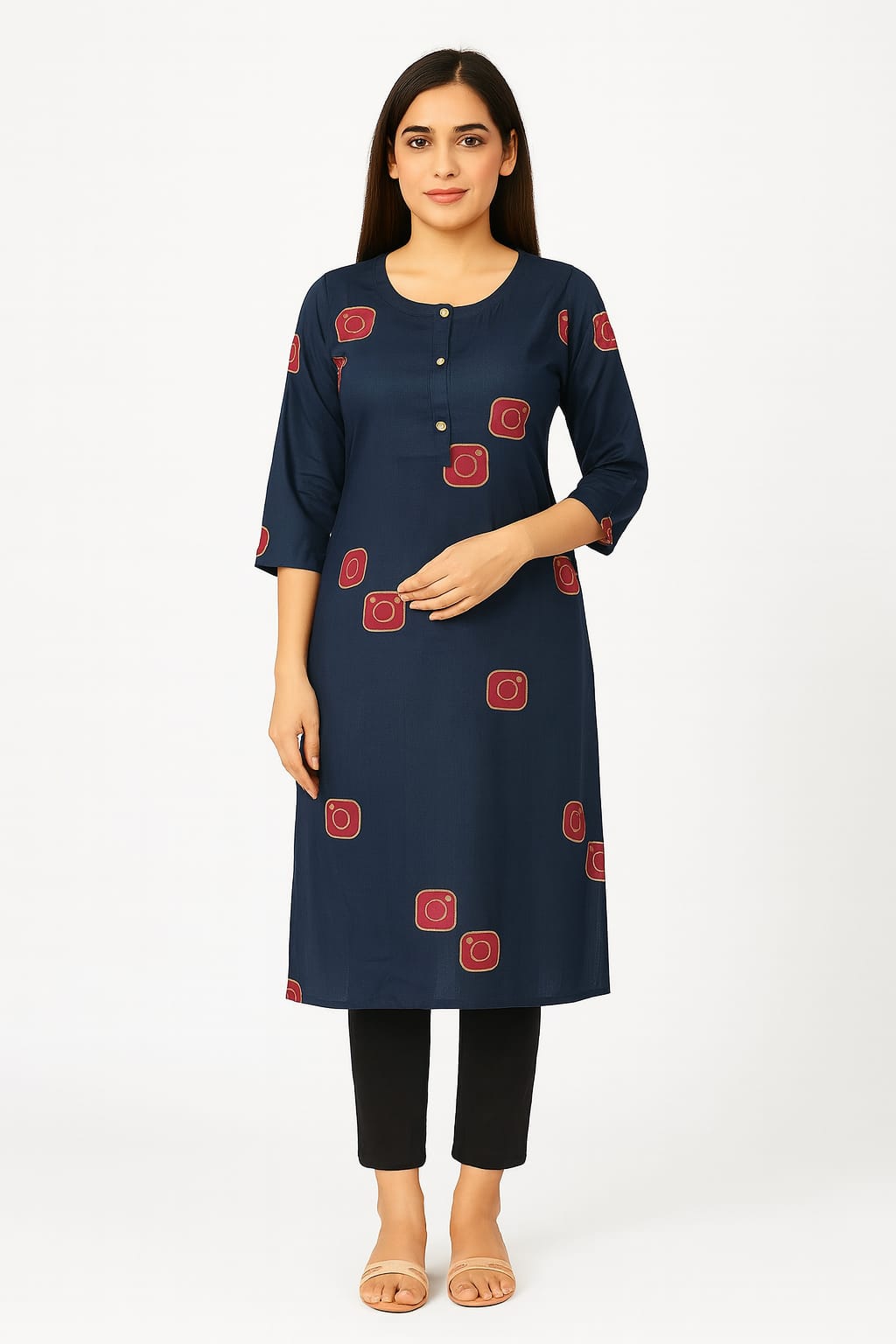 Women's Navy Blue Printed Rayon Kurta with 3/4 Sleeves | Stylish Ethnic Wear for Office & Casual Outings
