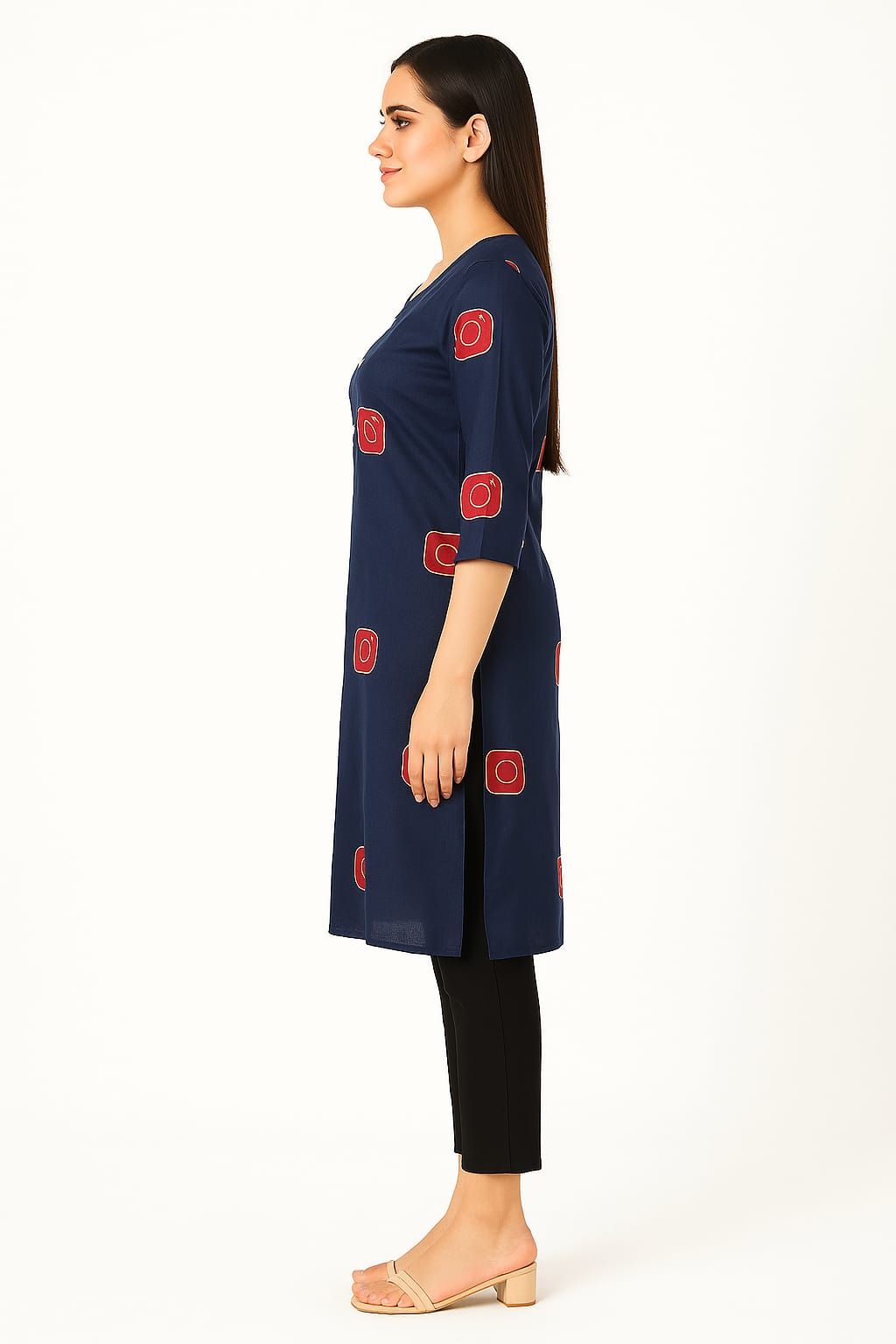 Women's Navy Blue Printed Rayon Kurta with 3/4 Sleeves | Stylish Ethnic Wear for Office & Casual Outings - Image 3