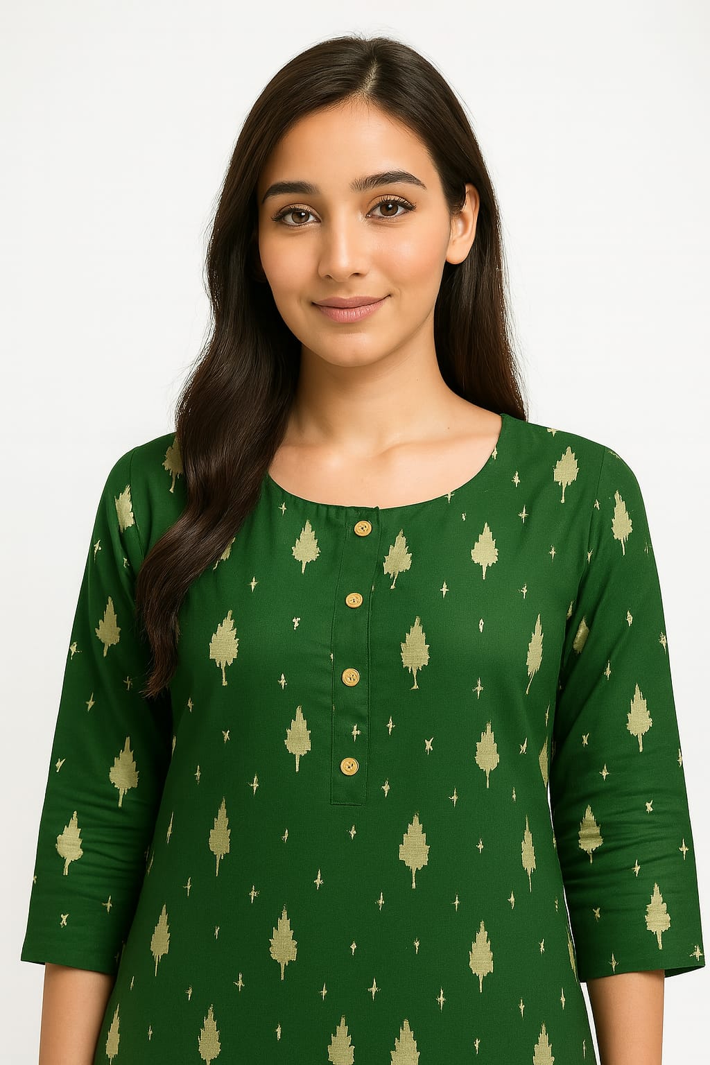 Women's Green Printed Rayon Kurta with 3/4 Sleeves | Elegant Straight Fit Ethnic Wear for Office & Daily Use - Image 2