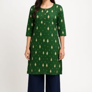 Women's Green Printed Rayon Kurta with 3/4 Sleeves | Elegant Straight Fit Ethnic Wear for Office & Daily Use