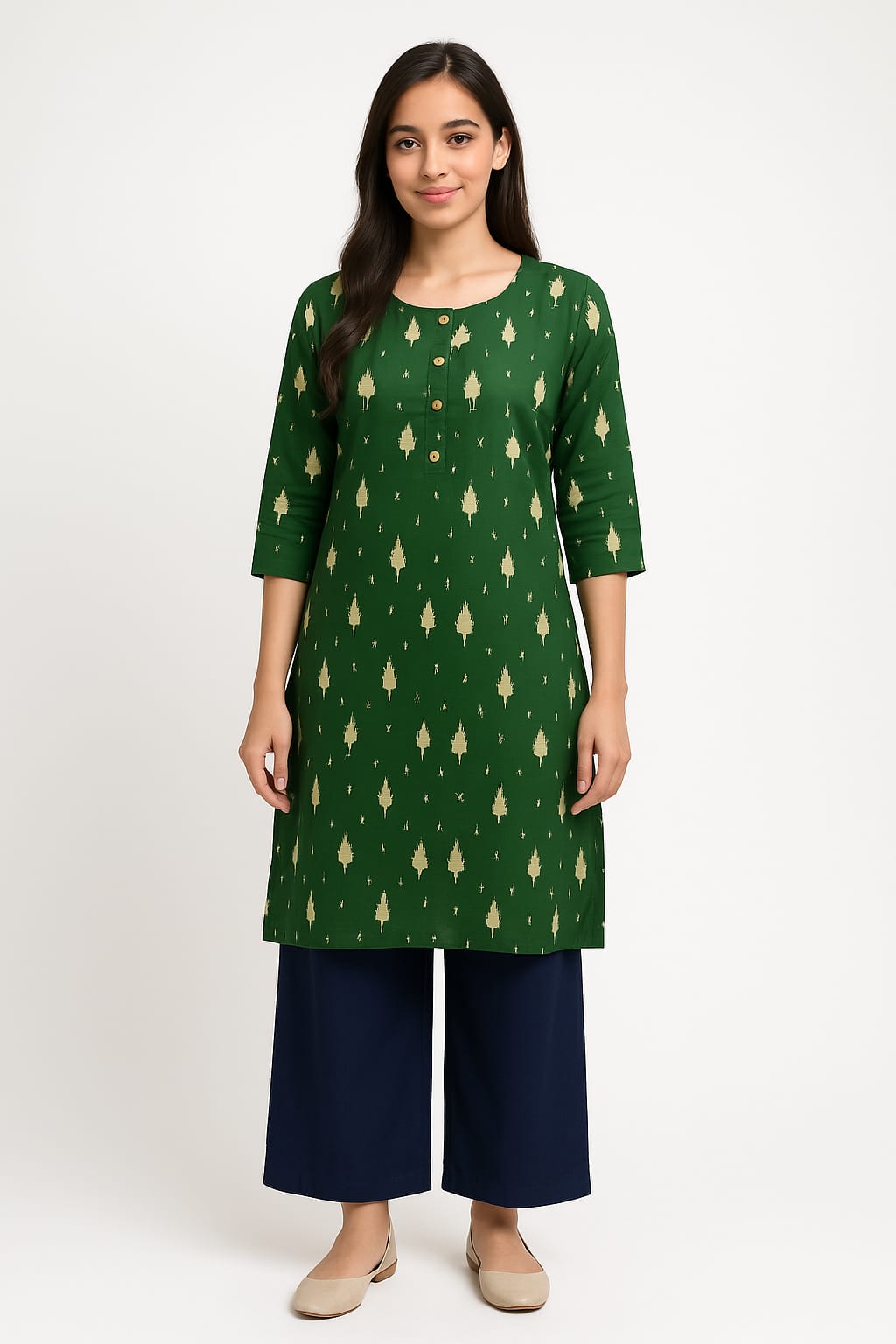 Women's Green Printed Rayon Kurta with 3/4 Sleeves | Elegant Straight Fit Ethnic Wear for Office & Daily Use