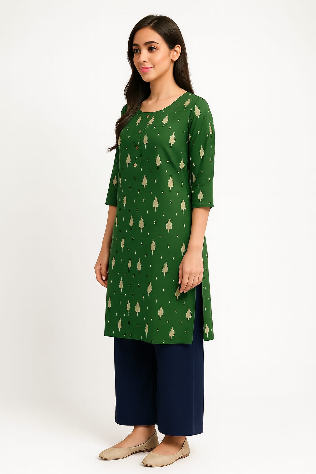 Women's Green Printed Rayon Kurta with 3/4 Sleeves | Elegant Straight Fit Ethnic Wear for Office & Daily Use - Image 3