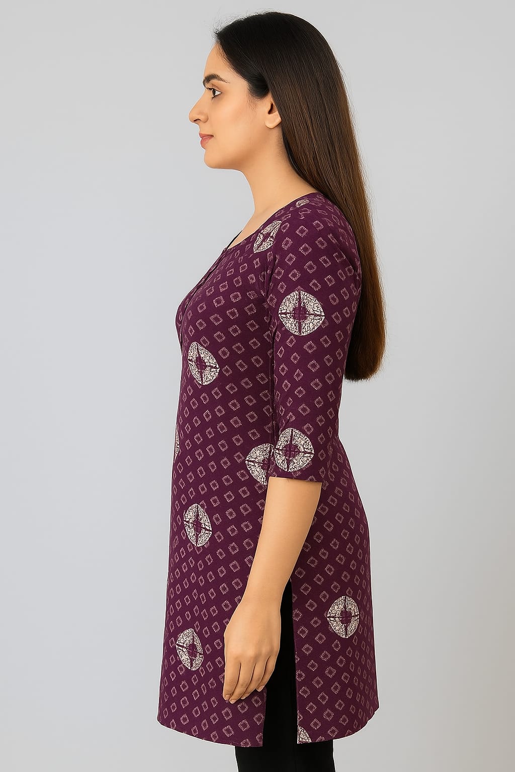 Women’s Rayon Printed Straight Kurti – Purple Ethnic Casual Wear with 3/4th Sleeves & Round Neck - Image 3