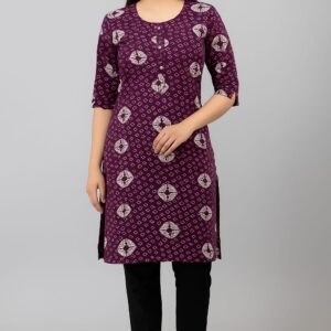 Women’s Rayon Printed Straight Kurti – Purple Ethnic Casual Wear with 3/4th Sleeves & Round Neck