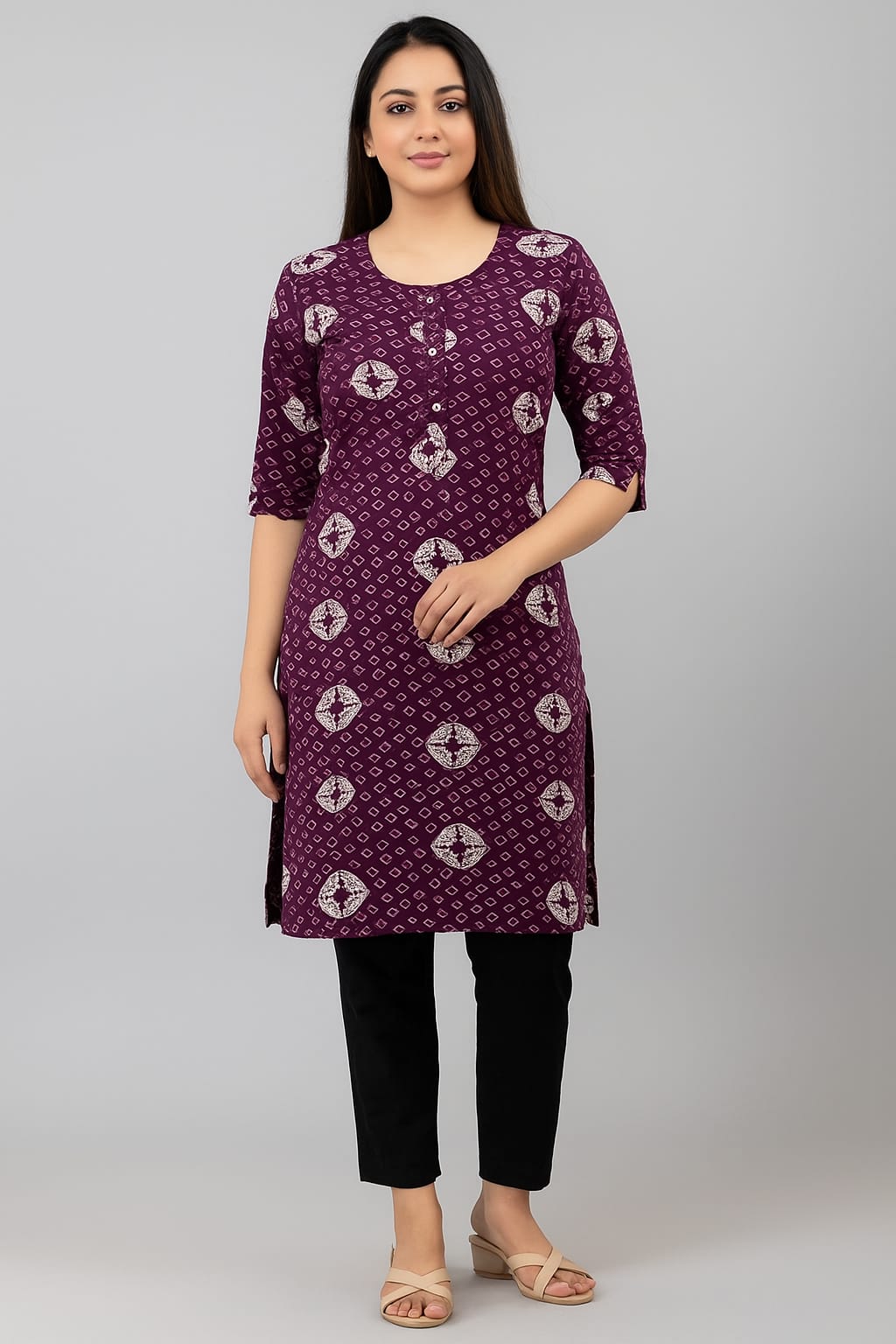 Women’s Rayon Printed Straight Kurti – Purple Ethnic Casual Wear with 3/4th Sleeves & Round Neck