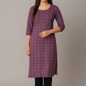 Women’s Rayon Printed Straight Kurti – Mauve Casual Ethnic Wear with 3/4th Sleeves & Round Neck