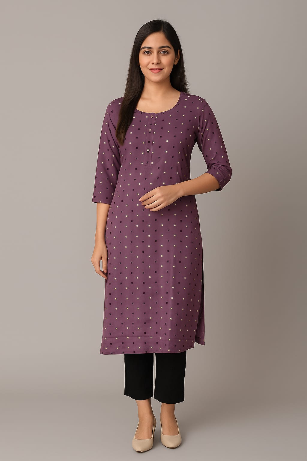Women’s Rayon Printed Straight Kurti – Mauve Casual Ethnic Wear with 3/4th Sleeves & Round Neck