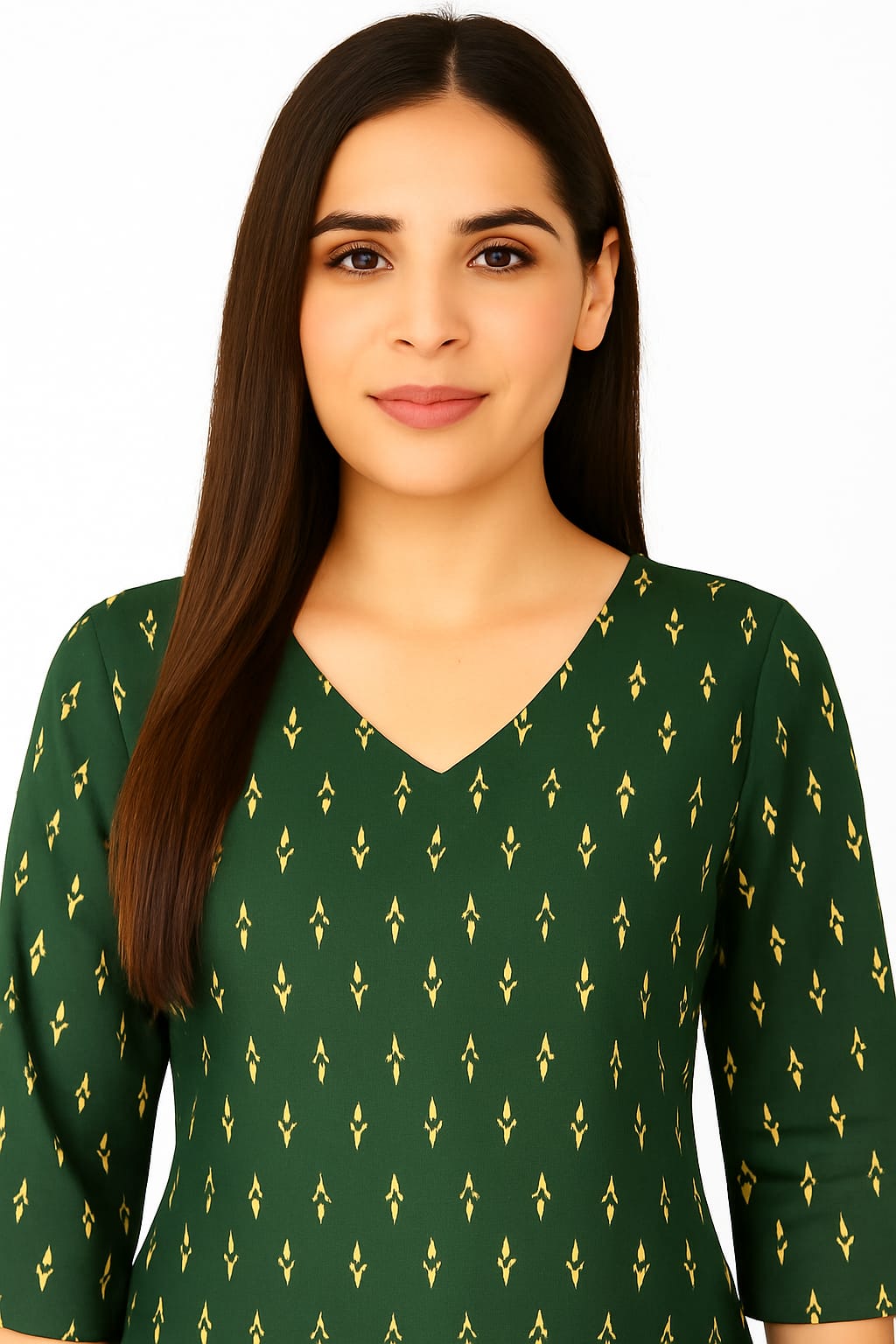 Women's Green Printed Rayon Kurta with V-Neck & 3/4 Sleeves | Elegant Straight Fit Ethnic Wear for Daily & Office Use - Image 3