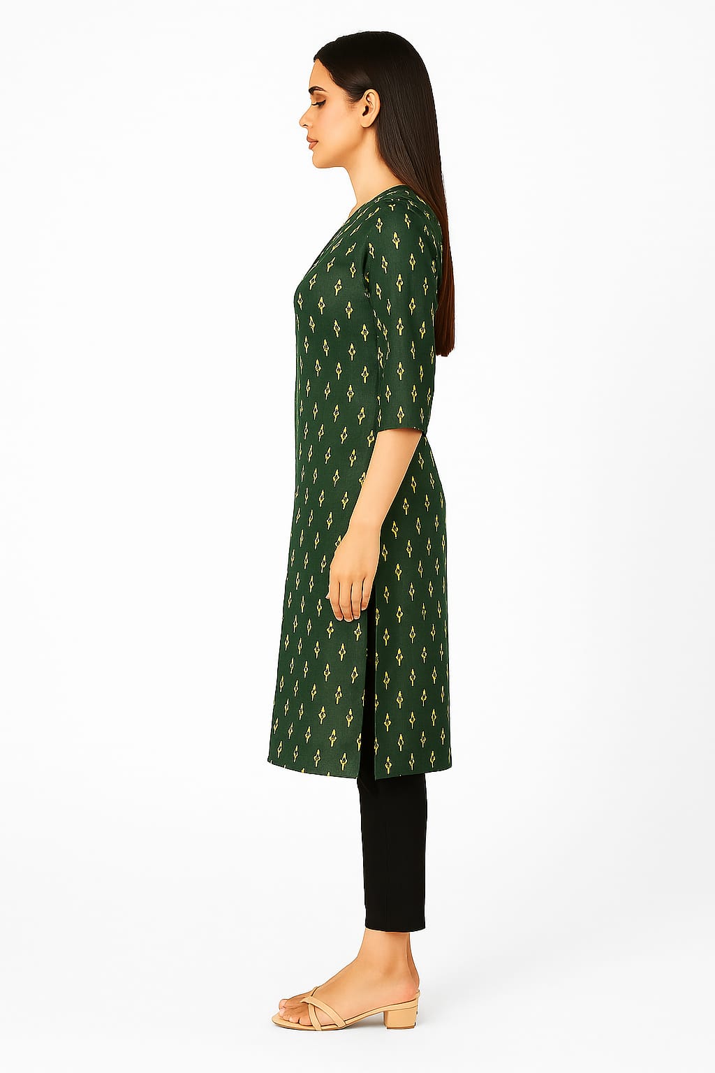 Women's Green Printed Rayon Kurta with V-Neck & 3/4 Sleeves | Elegant Straight Fit Ethnic Wear for Daily & Office Use - Image 2