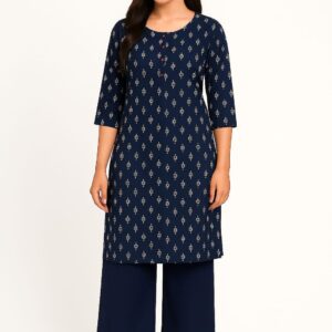Women’s Rayon Printed Straight Kurti – Navy Blue Ethnic Wear with 3/4th Sleeves & Round Neck