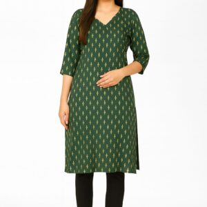 Women's Green Printed Rayon Kurta with V-Neck & 3/4 Sleeves | Elegant Straight Fit Ethnic Wear for Daily & Office Use