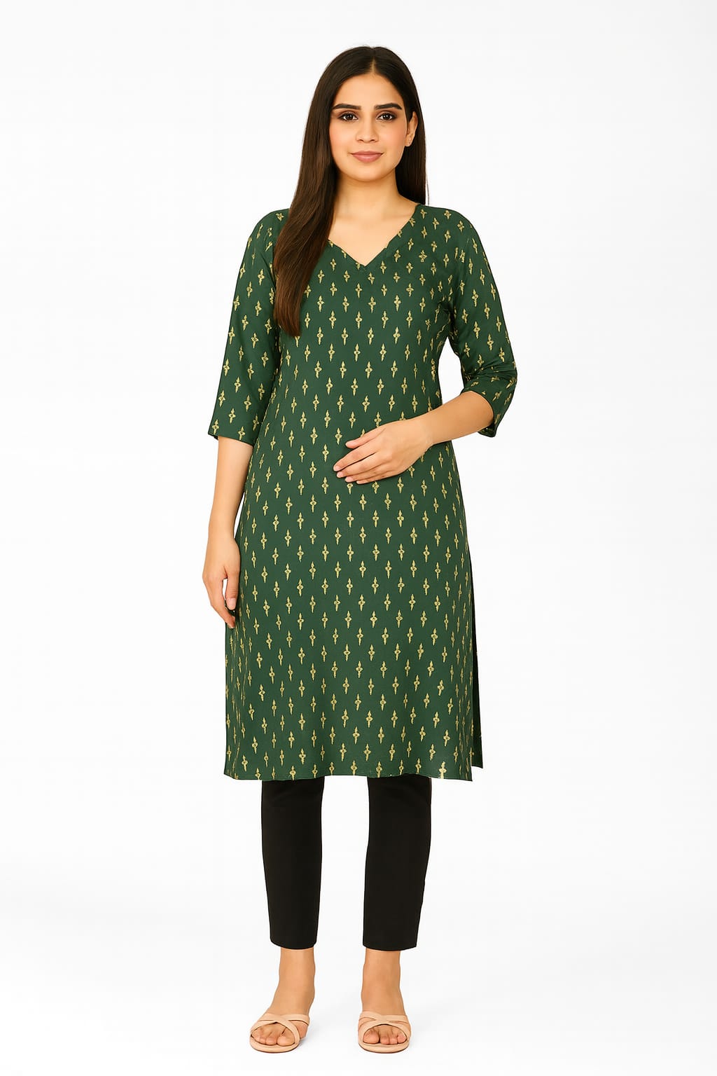 Women's Green Printed Rayon Kurta with V-Neck & 3/4 Sleeves | Elegant Straight Fit Ethnic Wear for Daily & Office Use