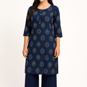 Women’s Navy Blue Rayon Printed Straight Kurti with 3/4 Sleeves – Elegant Ethnic Wear for Daily & Office Use