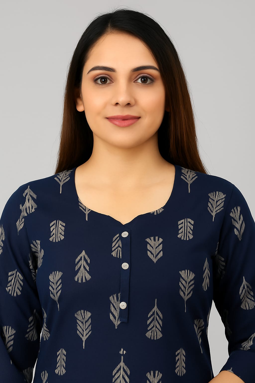 Women’s Navy Blue Rayon Printed Straight Kurti with 3/4 Sleeves – Stylish Daily & Office Wear Ethnic Top - Image 3