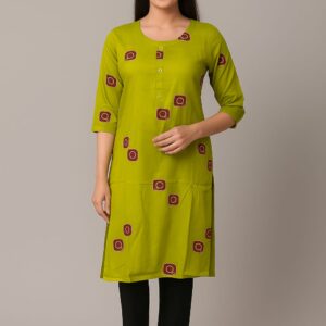 Women’s Green Rayon Printed Straight Kurti with 3/4 Sleeves – Stylish Ethnic Wear for Office & Casual Outings