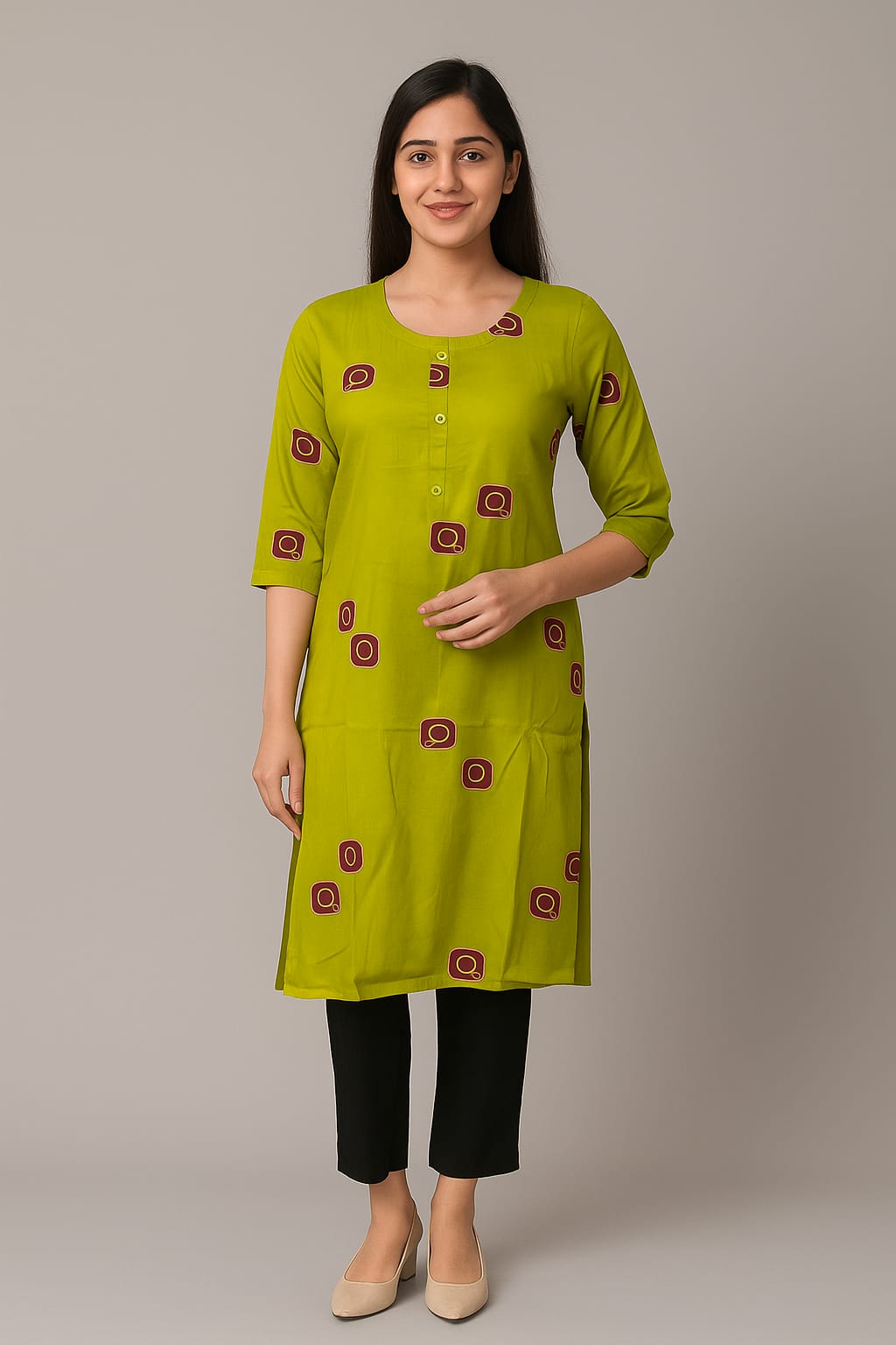 Women’s Green Rayon Printed Straight Kurti with 3/4 Sleeves – Stylish Ethnic Wear for Office & Casual Outings