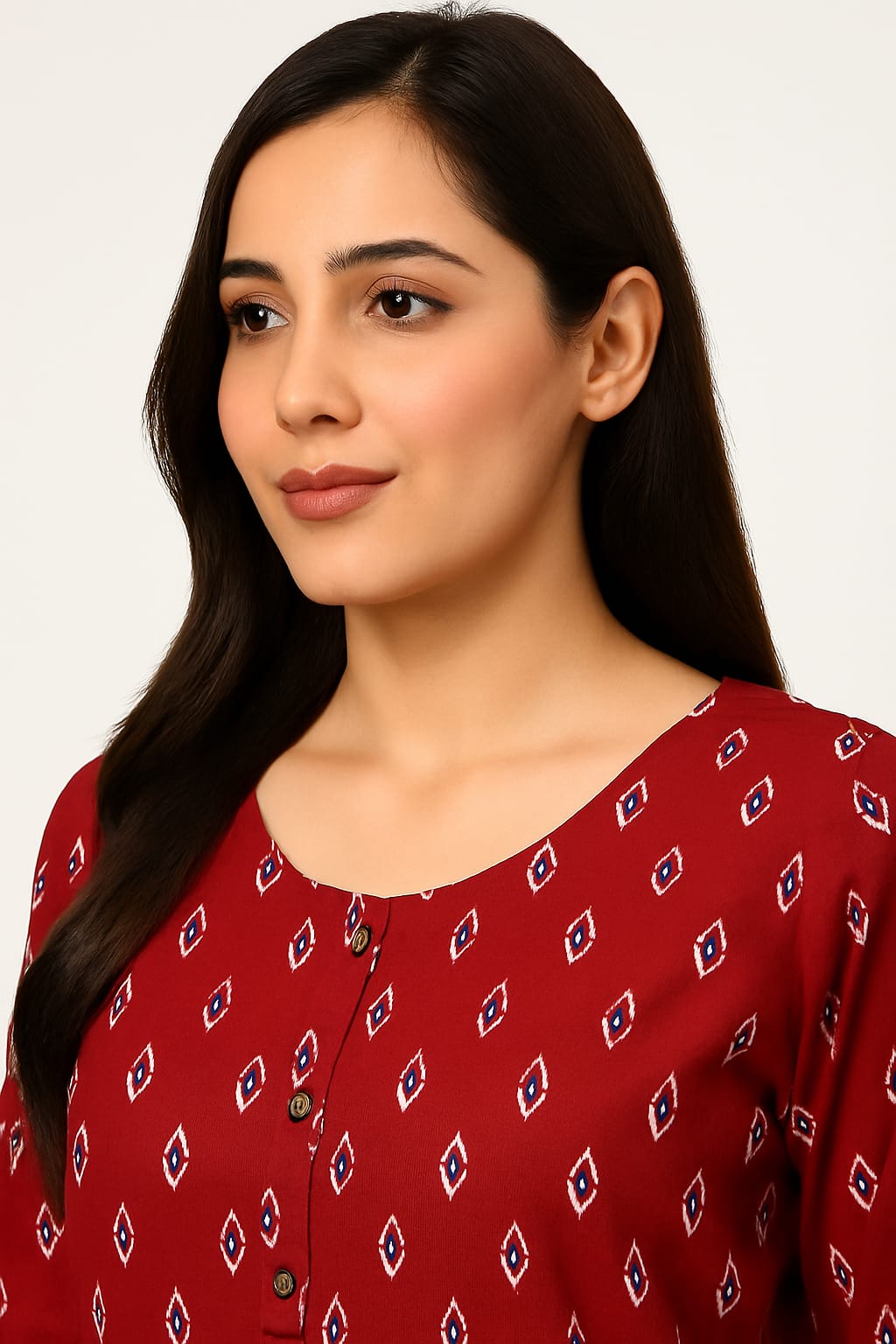 Women's Rayon Printed Straight Kurta | Maroon Ethnic Long Top with 3/4 Sleeves | Comfortable Daily Wear Kurti for Office & Casual Outfits - Image 3