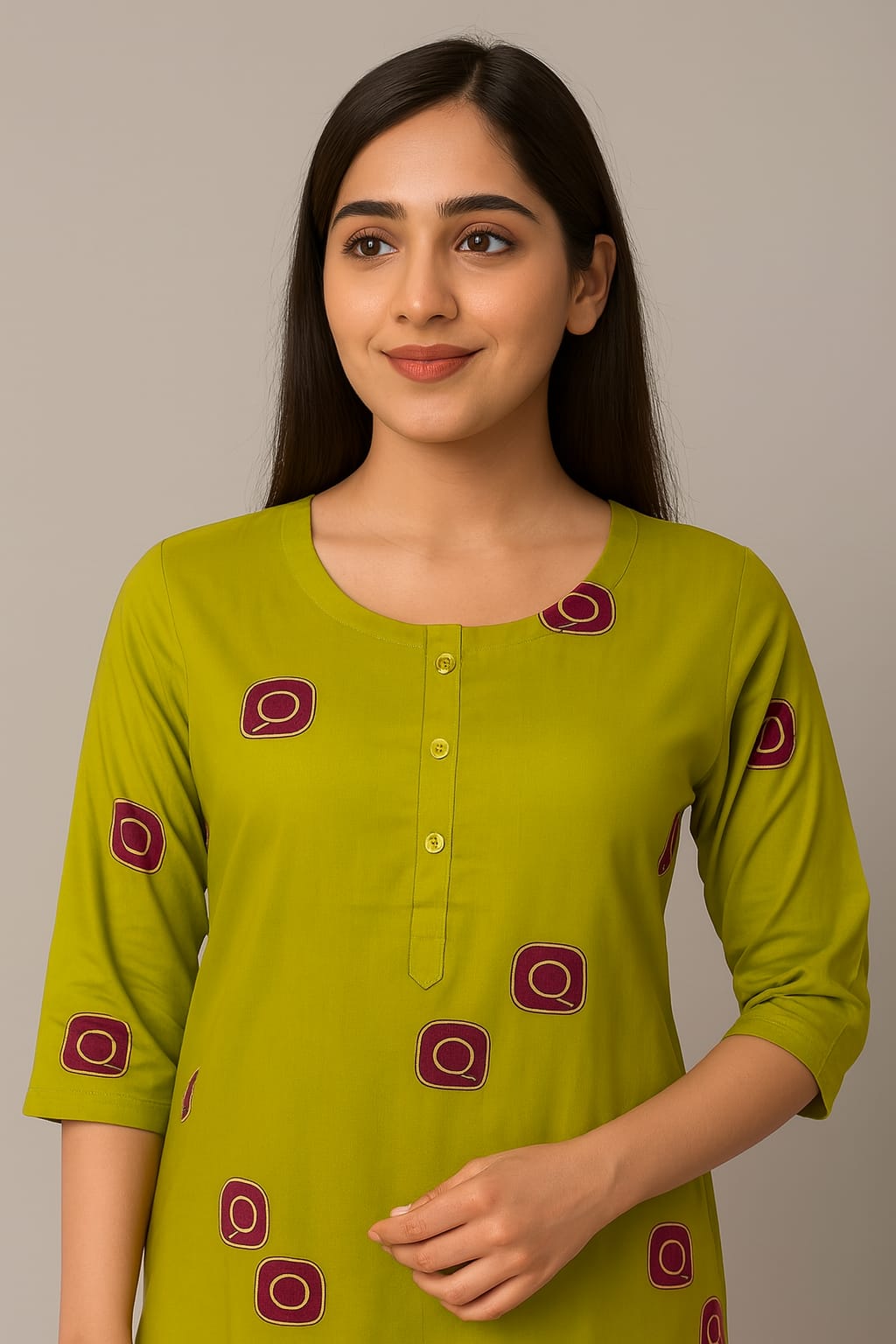 Women’s Green Rayon Printed Straight Kurti with 3/4 Sleeves – Stylish Ethnic Wear for Office & Casual Outings - Image 3