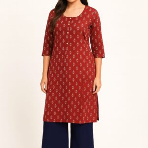 Women's Rayon Printed Straight Kurta | Maroon Ethnic Long Top with 3/4 Sleeves | Comfortable Daily Wear Kurti for Office & Casual Outfits