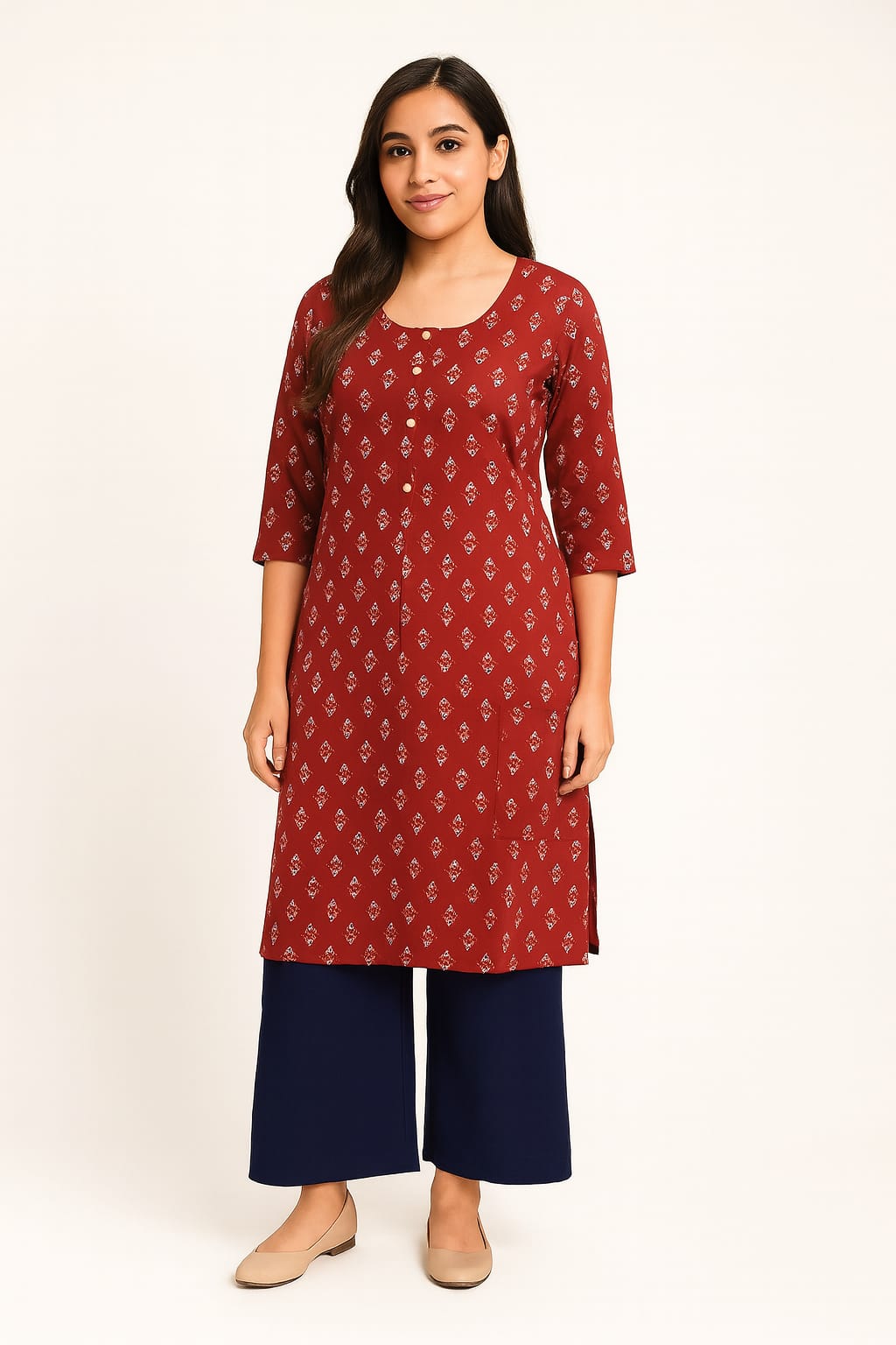 Women's Rayon Printed Straight Kurta | Maroon Ethnic Long Top with 3/4 Sleeves | Comfortable Daily Wear Kurti for Office & Casual Outfits