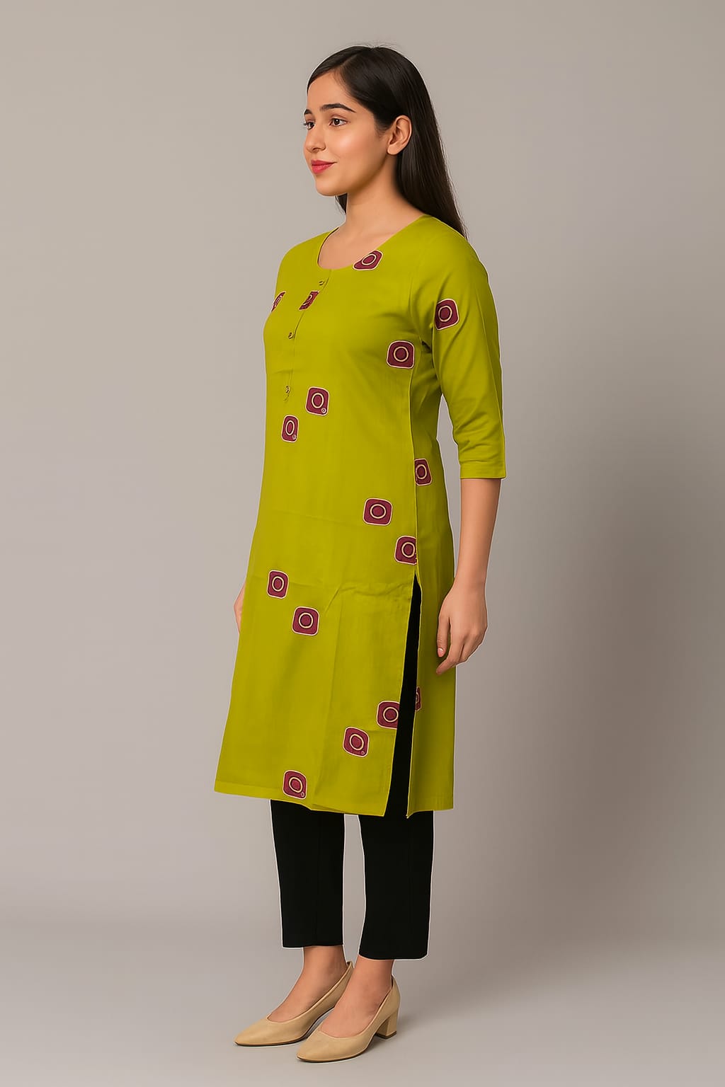Women’s Green Rayon Printed Straight Kurti with 3/4 Sleeves – Stylish Ethnic Wear for Office & Casual Outings - Image 2