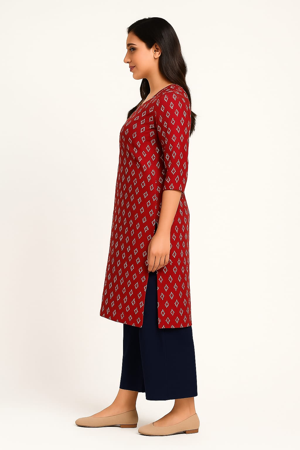 Women's Rayon Printed Straight Kurta | Maroon Ethnic Long Top with 3/4 Sleeves | Comfortable Daily Wear Kurti for Office & Casual Outfits - Image 4