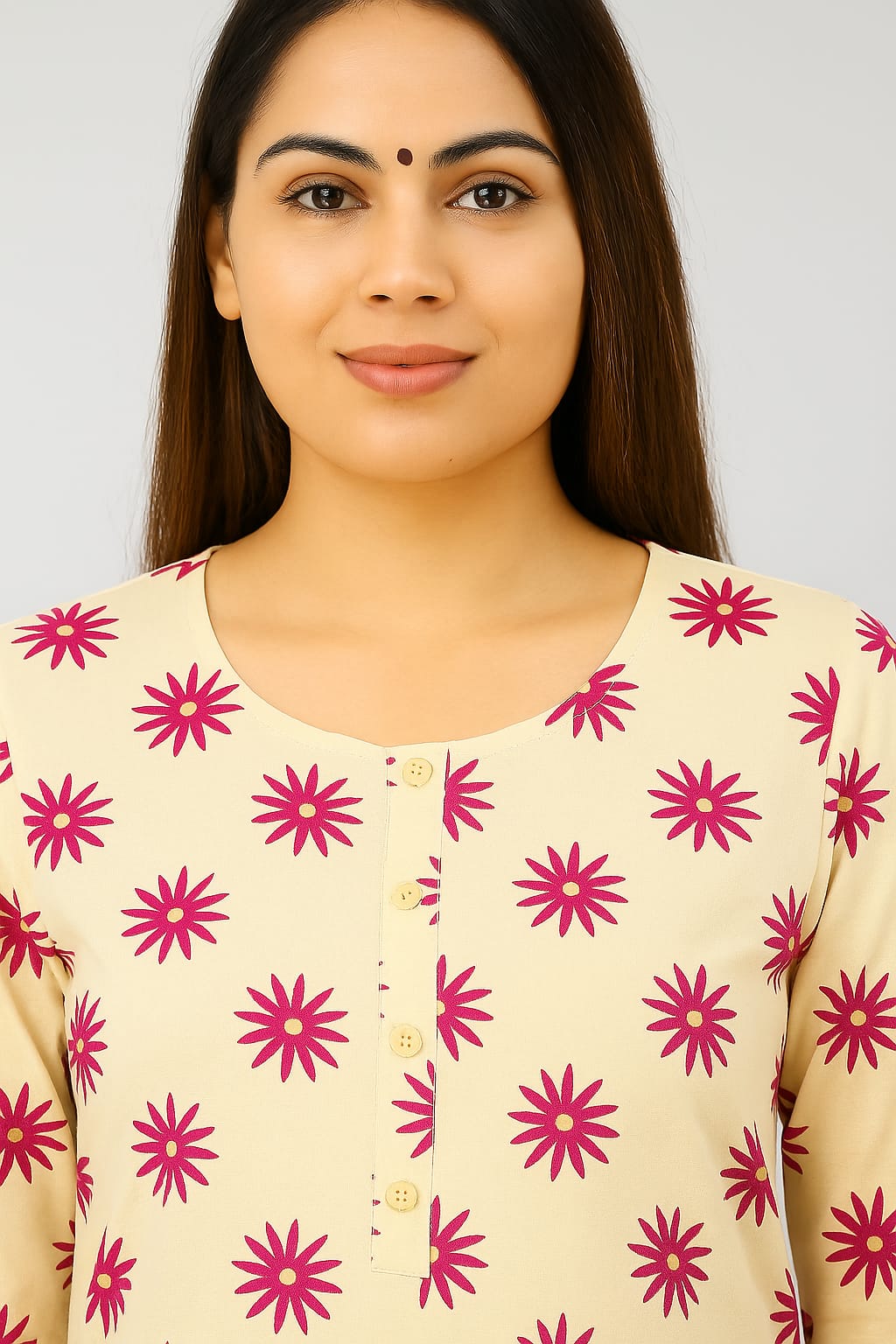 Women's Rayon Straight Kurti | Beige with Pink Floral Print | 3/4 Sleeve Ethnic Tunic Top - Image 4