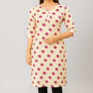 Women's Rayon Straight Kurti | Beige with Pink Floral Print | 3/4 Sleeve Ethnic Tunic Top