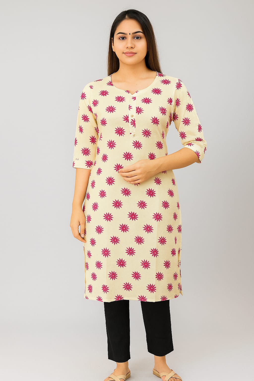 Women's Rayon Straight Kurti | Beige with Pink Floral Print | 3/4 Sleeve Ethnic Tunic Top