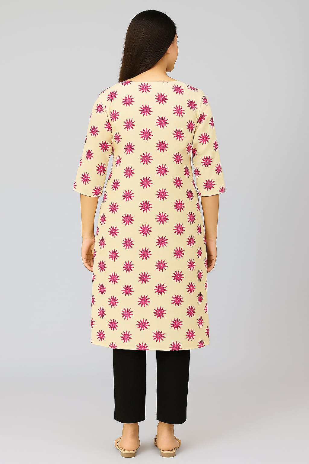 Women's Rayon Straight Kurti | Beige with Pink Floral Print | 3/4 Sleeve Ethnic Tunic Top - Image 5