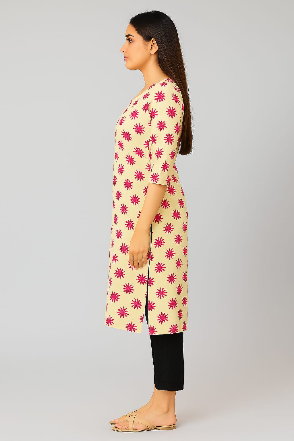 Women's Rayon Straight Kurti | Beige with Pink Floral Print | 3/4 Sleeve Ethnic Tunic Top - Image 3