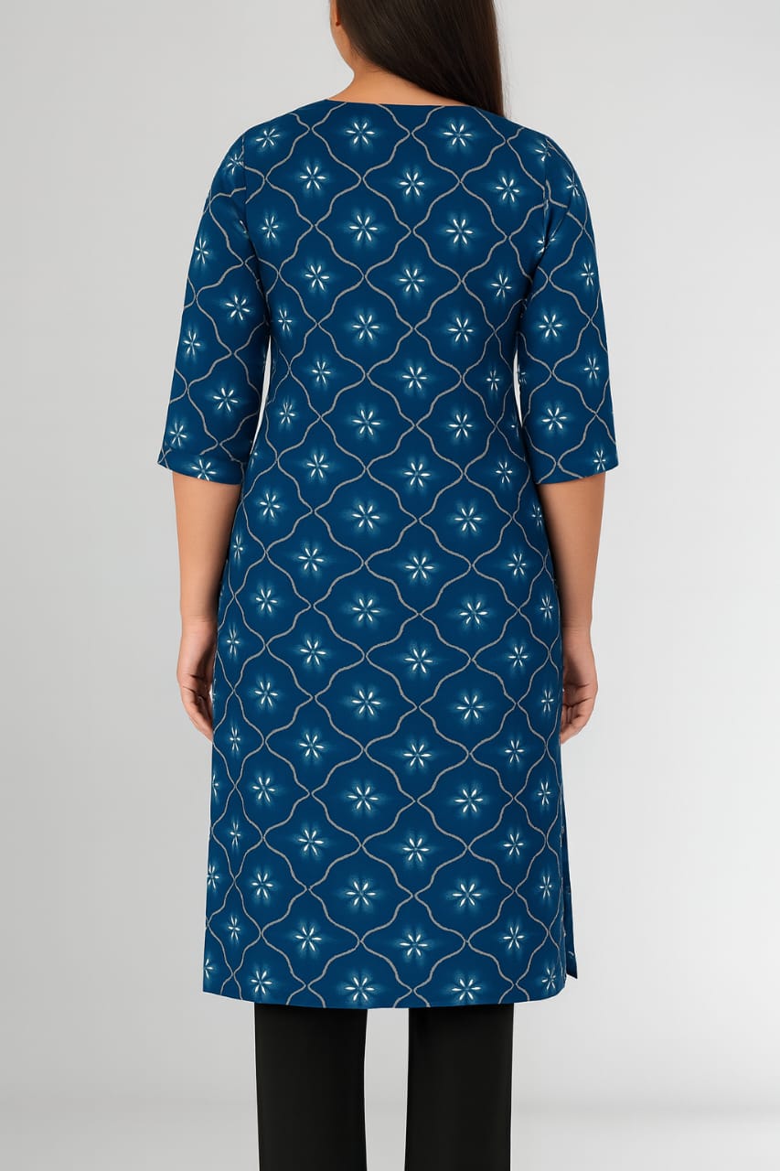 Women's Rayon Straight Kurti | Navy Blue with Geometric Floral Print | 3/4 Sleeve Casual Ethnic Tunic - Image 5