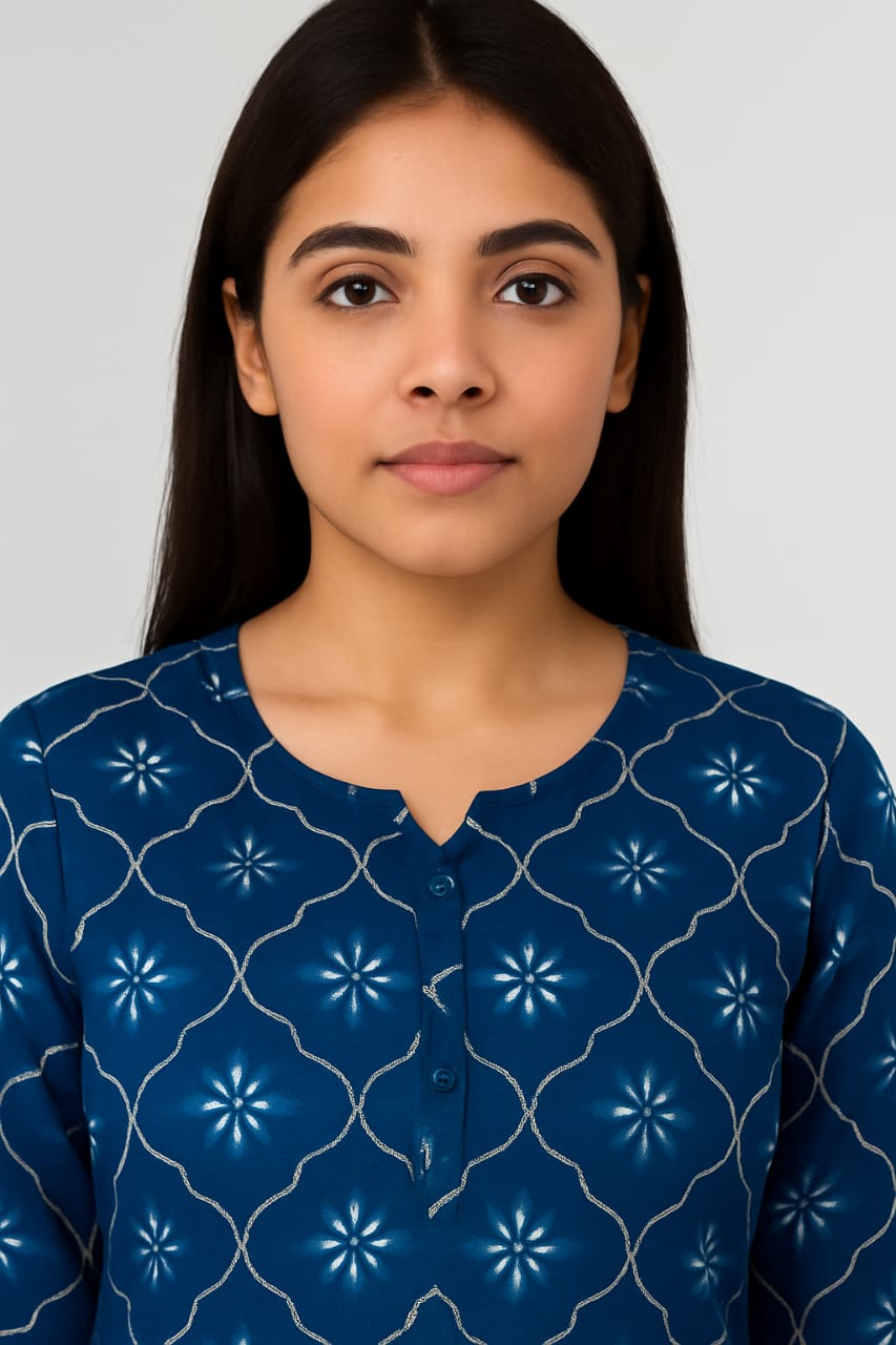 Women's Rayon Straight Kurti | Navy Blue with Geometric Floral Print | 3/4 Sleeve Casual Ethnic Tunic - Image 3