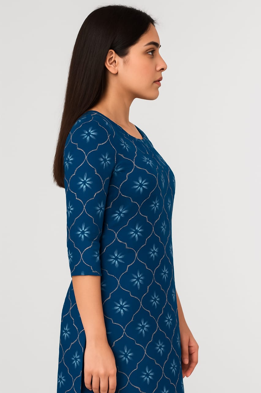 Women's Rayon Straight Kurti | Navy Blue with Geometric Floral Print | 3/4 Sleeve Casual Ethnic Tunic - Image 4