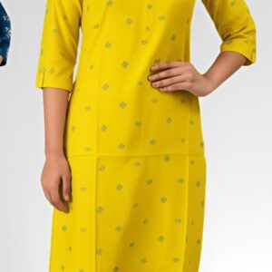 Women’s Rayon Printed Straight Kurti – Yellow | 3/4 Sleeve Ethnic Tunic Top