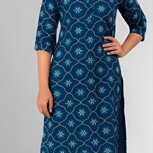 Women's Rayon Straight Kurti | Navy Blue with Geometric Floral Print | 3/4 Sleeve Casual Ethnic Tunic