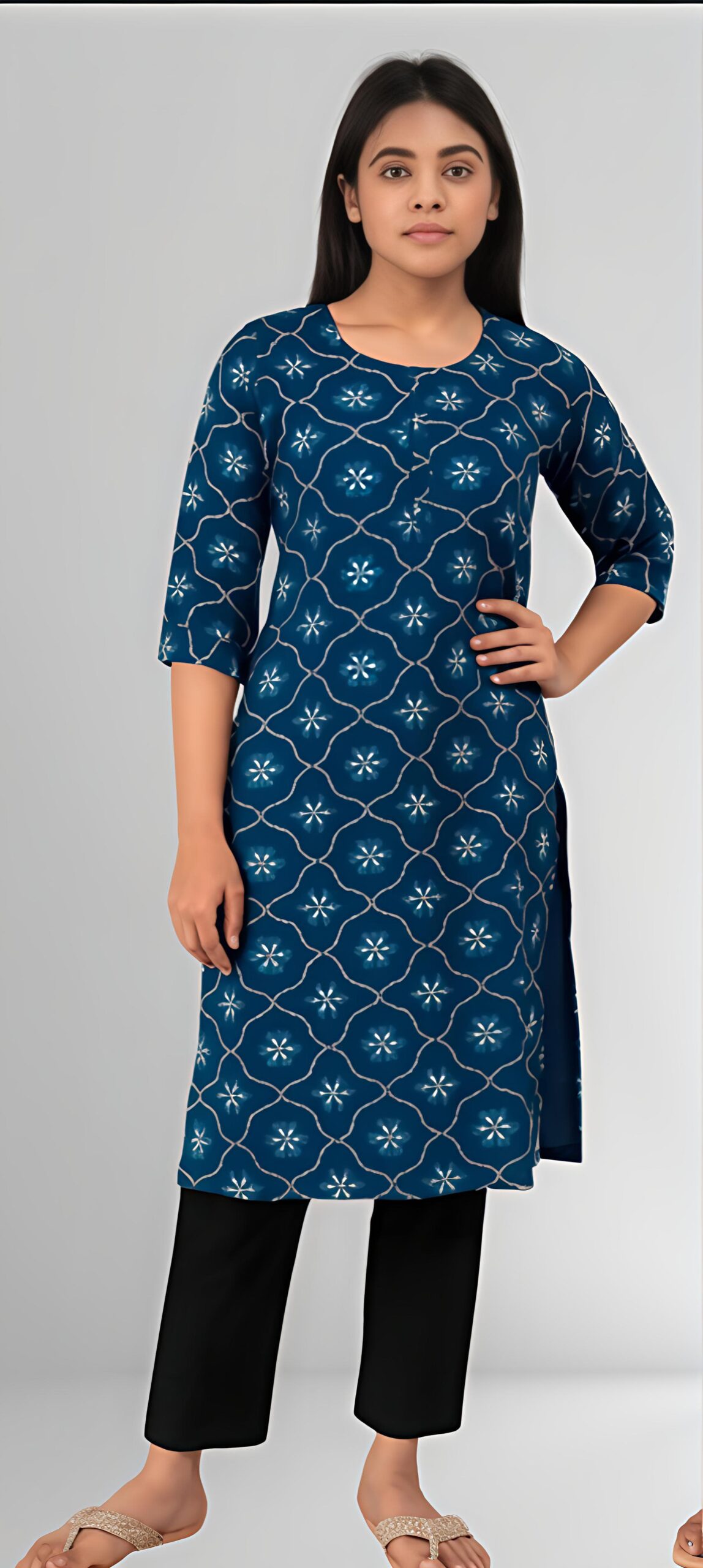 Women's Rayon Straight Kurti | Navy Blue with Geometric Floral Print | 3/4 Sleeve Casual Ethnic Tunic