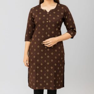 Women's Rayon Printed Straight Kurti - Coffee Brown | Ethnic Wear with 3/4 Sleeves