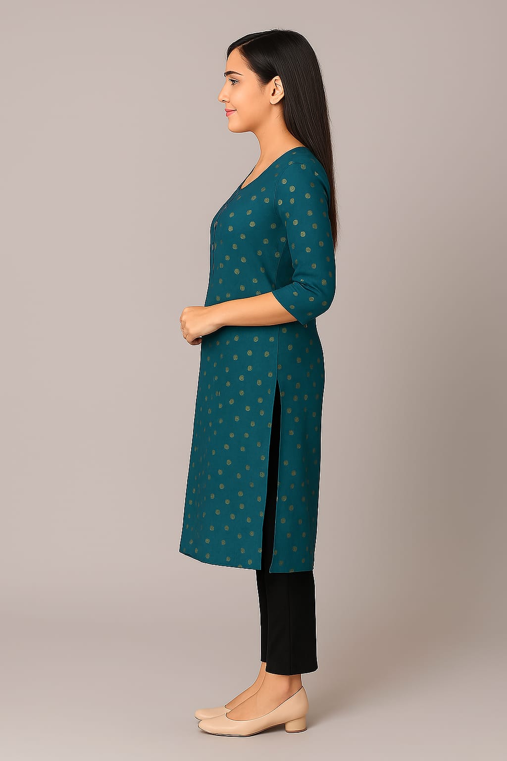 Women's Teal Green Printed Rayon Straight Kurti with 3/4 Sleeves – Casual & Office Wear - Image 3