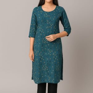Women's Teal Green Printed Rayon Straight Kurti with 3/4 Sleeves – Casual & Office Wear