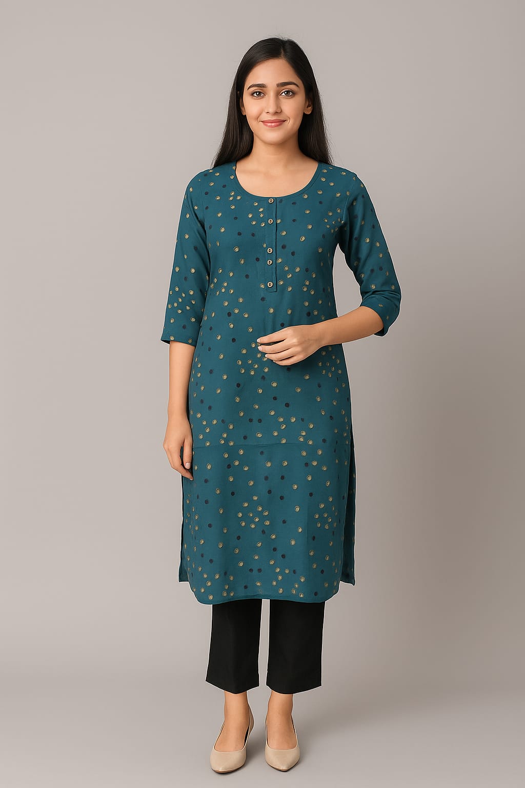 Women's Teal Green Printed Rayon Straight Kurti with 3/4 Sleeves – Casual & Office Wear