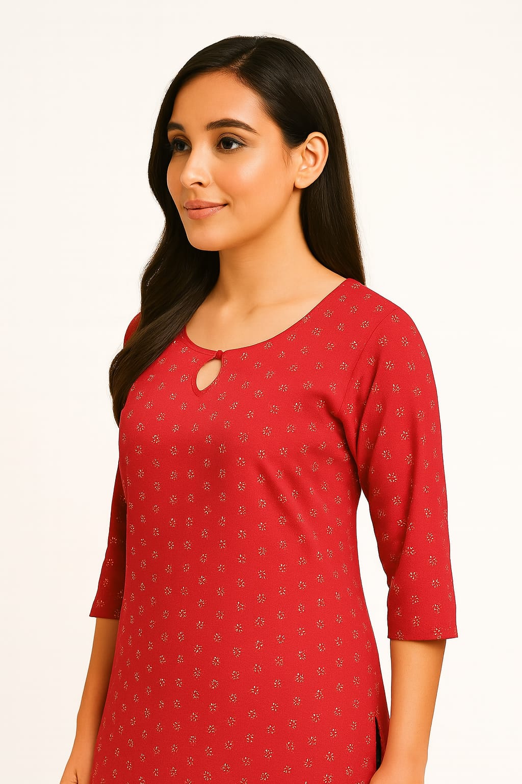 Women's Printed Rayon Straight Kurta with Keyhole Neck Design & 3/4 Sleeves – Red - Image 2