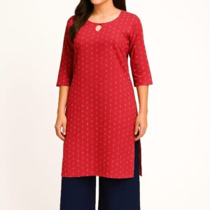 Women's Printed Rayon Straight Kurta with Keyhole Neck Design & 3/4 Sleeves – Red