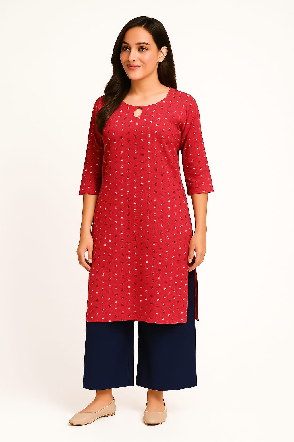 Women's Printed Rayon Straight Kurta with Keyhole Neck Design & 3/4 Sleeves – Red