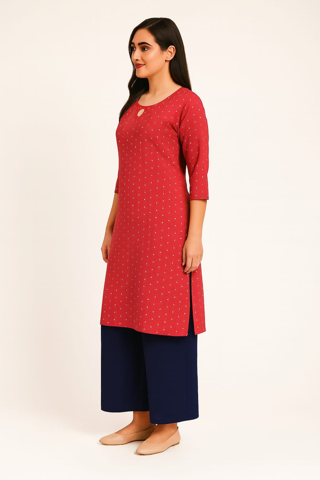 Women's Printed Rayon Straight Kurta with Keyhole Neck Design & 3/4 Sleeves – Red - Image 4