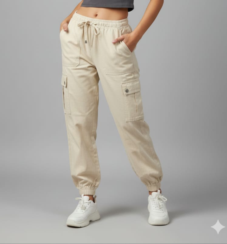 Women's Beige Cargo Jogger Pants | High-Waist Drawstring Relaxed Fit Utility Trousers with Side Pockets | Stylish Casual Streetwear - Image 4