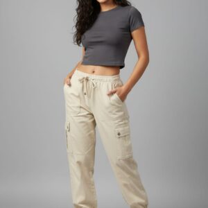 Women's Beige Cargo Jogger Pants | High-Waist Drawstring Relaxed Fit Utility Trousers with Side Pockets | Stylish Casual Streetwear